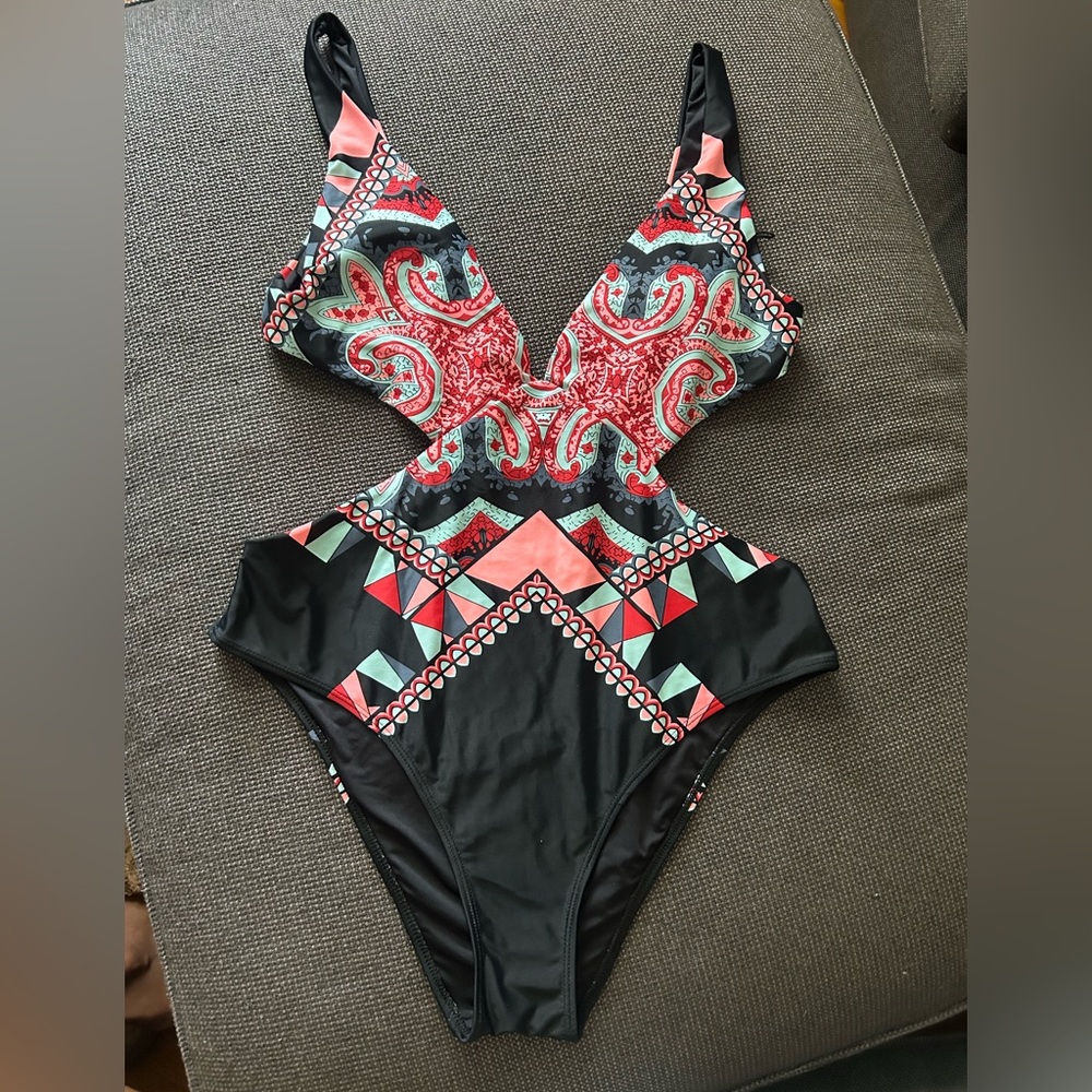 Bold Tribal Cut-Out One-Piece Swimsuit (Size 12)